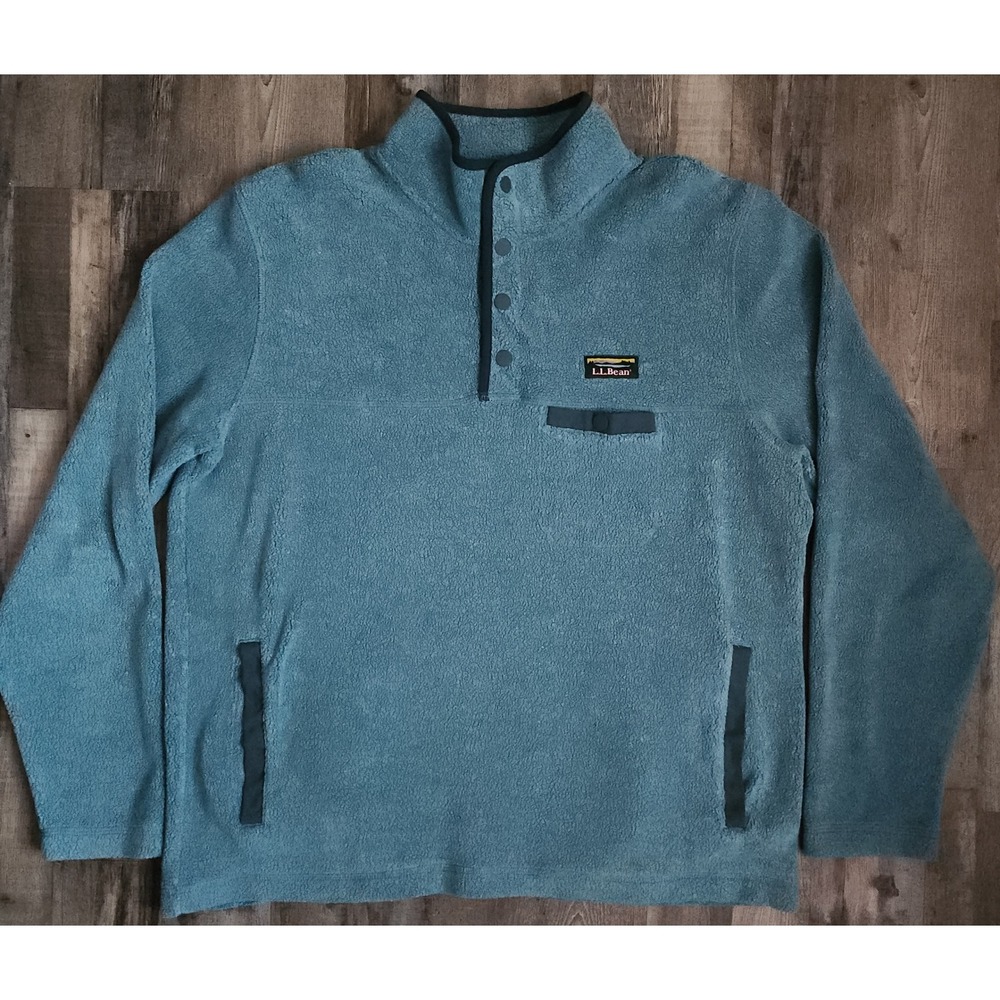 L.L.Bean Tumbled Sherpa Fleece Pullover Men Large Blue Hi-Pile Snap Mock Neck